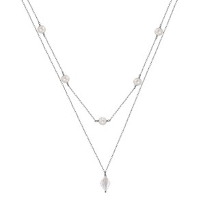 925 Sterling Silver Fresh Water Pearl Layered Chain Necklace 80400008