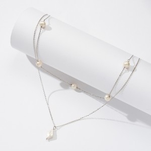 925 Sterling Silver Fresh Water Pearl Layered Chain Necklace 80400008
