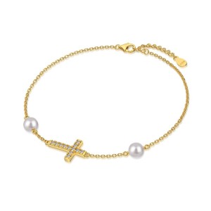 Zirconia Cross Pearl Chain Bracelet 100100150