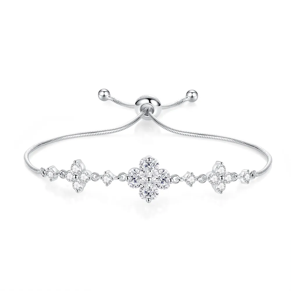 925 Sterling Silver Zirconia Clover Heart Adjustable Bracelet 100100173 925 Sterling Silver Zirconia Clover Heart Adjustable Bracelet 100100173