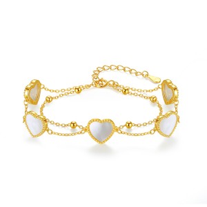 S925 White Mother-of-Pearl Hearts Zirconia Double Chain Bracelet100100178