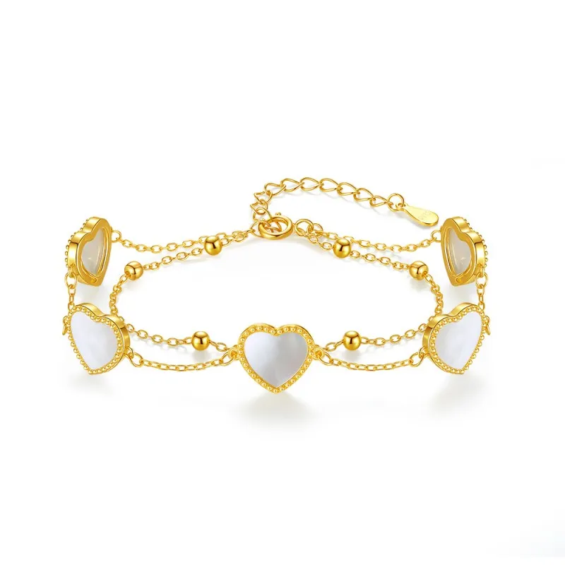S925 White Mother-of-Pearl Hearts Zirconia Double Chain Bracelet100100178