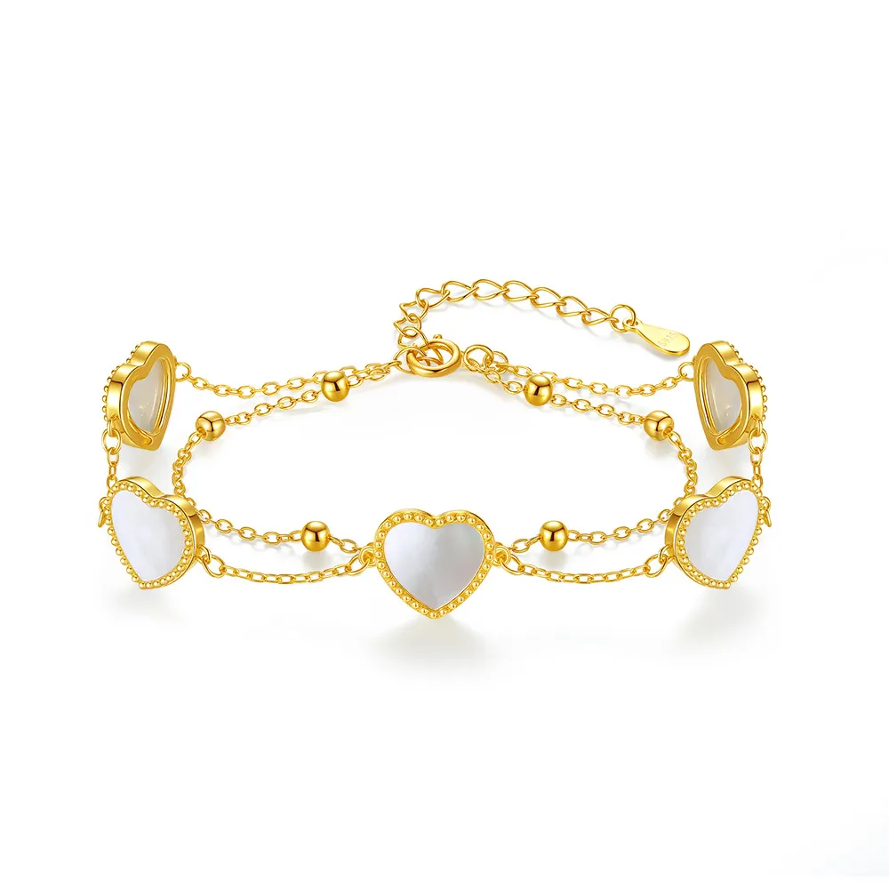 S925 White Mother-of-Pearl Hearts Zirconia Double Chain Bracelet100100178