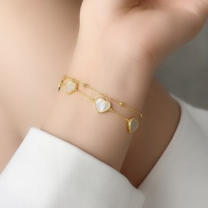 S925 White Mother-of-Pearl Hearts Zirconia Double Chain Bracelet100100178
