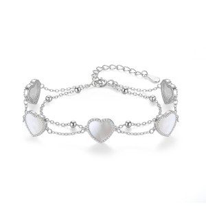S925 White Mother-of-Pearl Hearts Zirconia Double Chain Bracelet100100178