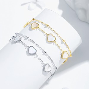 S925 White Mother-of-Pearl Hearts Zirconia Double Chain Bracelet100100178