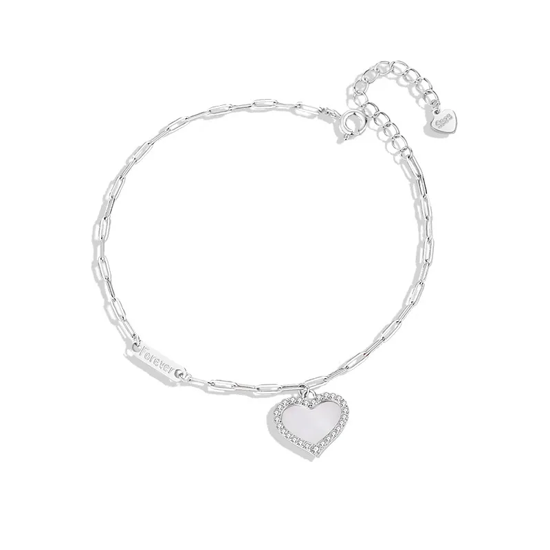 S925 White Mother-of-Pearl Charm Heart Bracelet 100100180