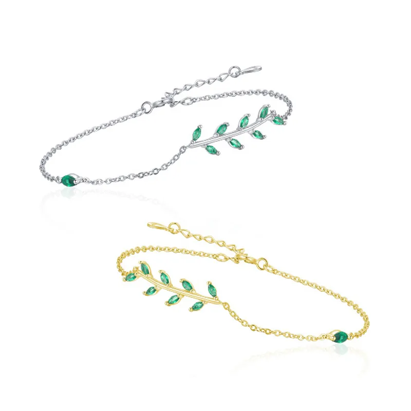 925 Sterling Silver Minimalist Green Leaf Branch Bracelet 100100186
