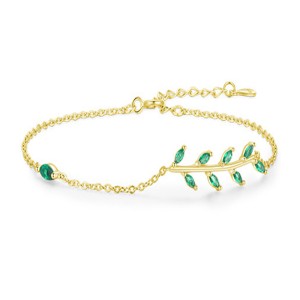 925 Sterling Silver Minimalist Green Leaf Branch Bracelet 100100186