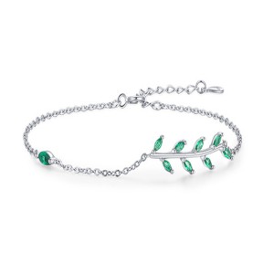 925 Sterling Silver Minimalist Green Leaf Branch Bracelet 100100186