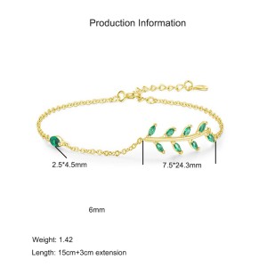 925 Sterling Silver Minimalist Green Leaf Branch Bracelet 100100186