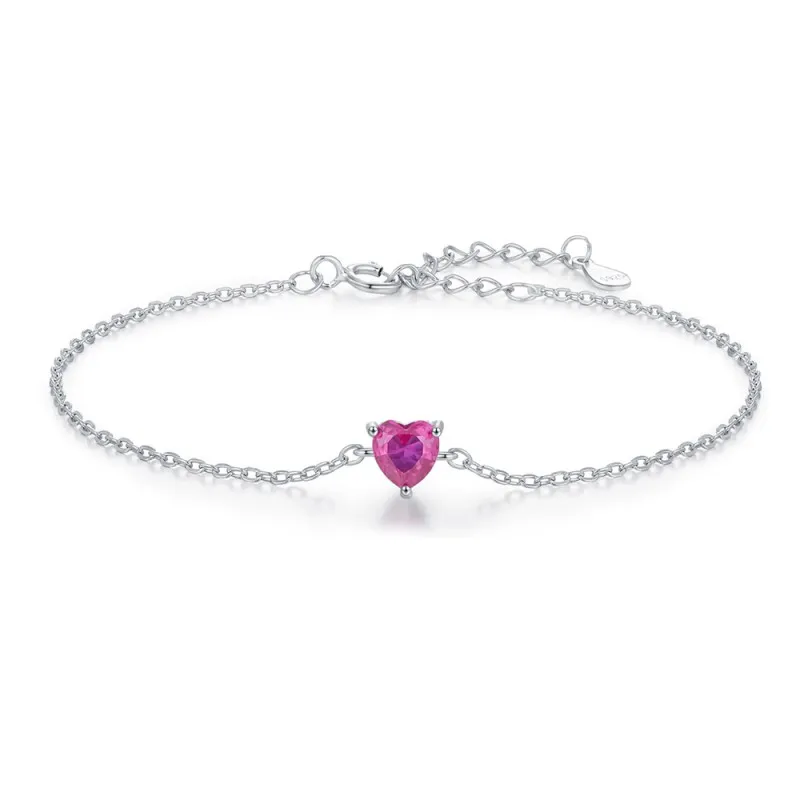 925 Sterling Silver Heart-Shaped Hot Pink CZ Bracelet 100100196
