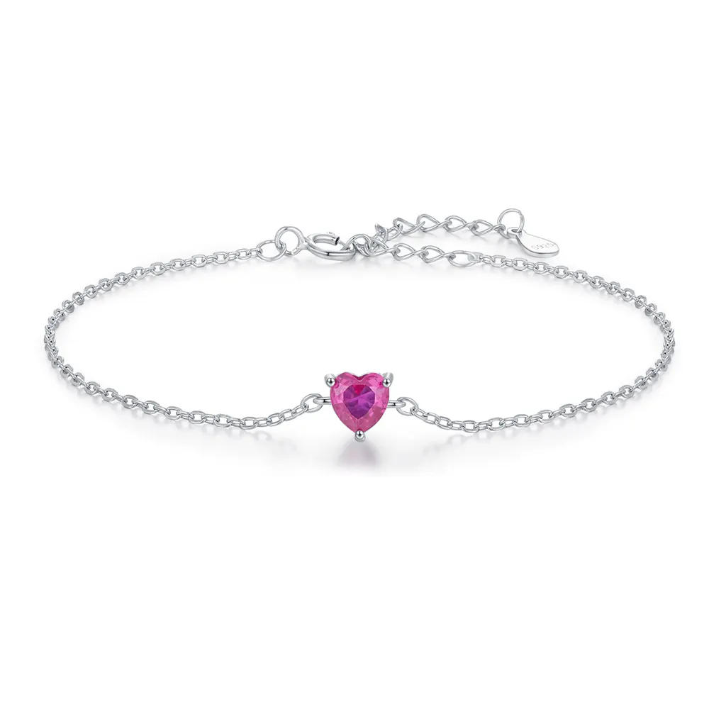 925 Sterling Silver Heart-Shaped Hot Pink CZ Bracelet 100100196