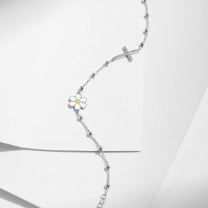 925 Sterling Silver Beaded Daisy and Pave Cross Bracelet 100100197