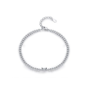 925 Sterling Silver Curb Chain Baguette CZ Bracelet 100100199