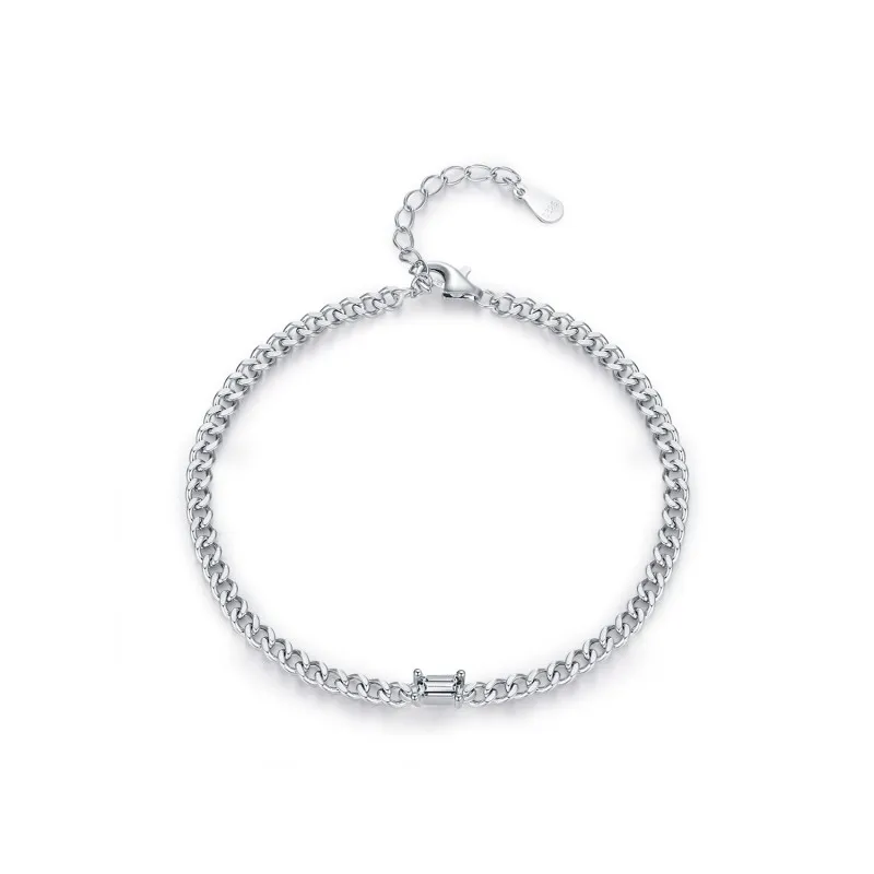 925 Sterling Silver Curb Chain Baguette CZ Bracelet 100100199