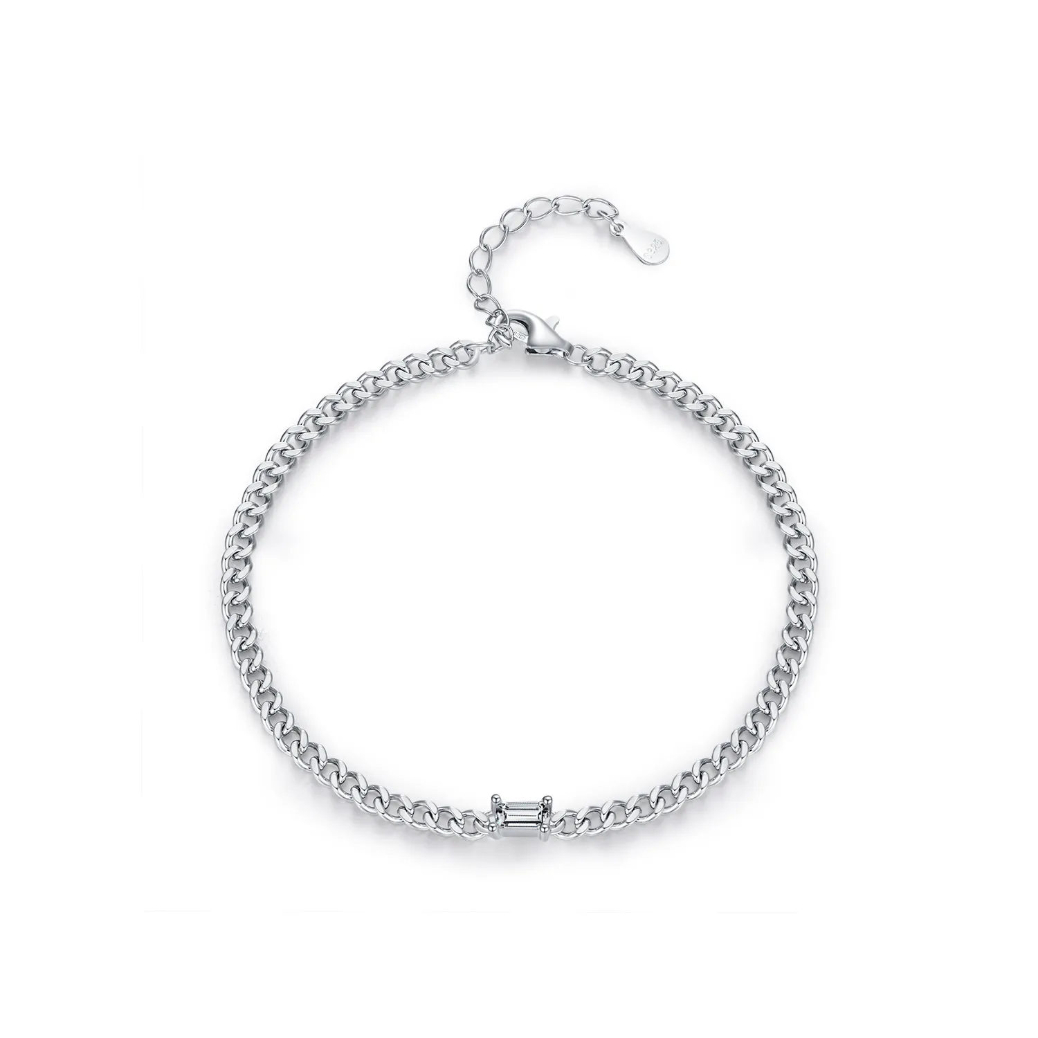 925 Sterling Silver Curb Chain Baguette CZ Bracelet 100100199