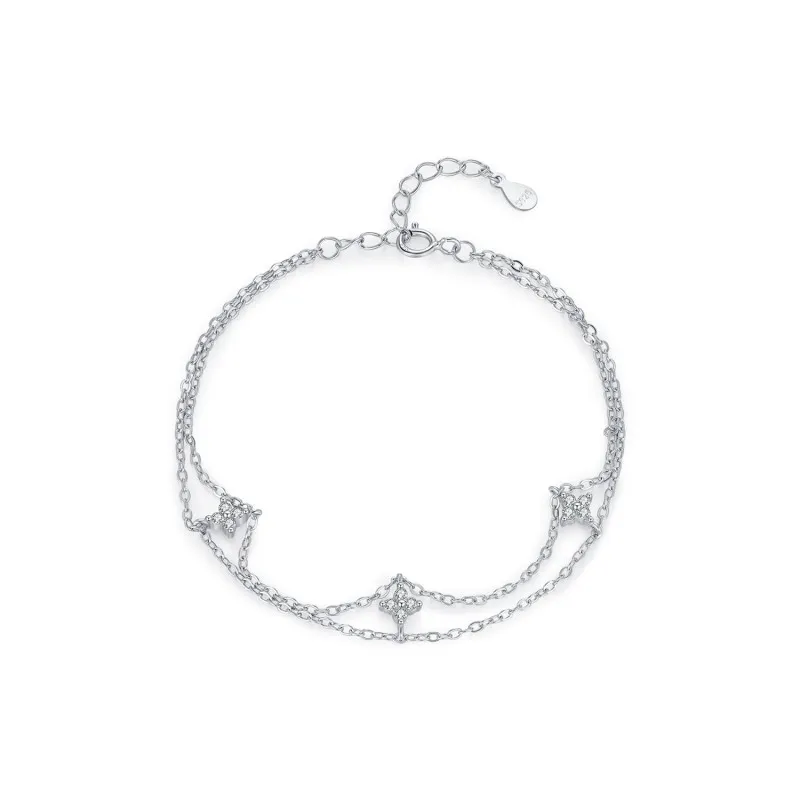 925 Sterling Silver Double-Layer Clover CZ Bracelet 100100200