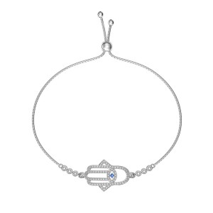 925 Sterling Silver Zircoia Hamsa Evil Eye Protection Bracelet 100100217
