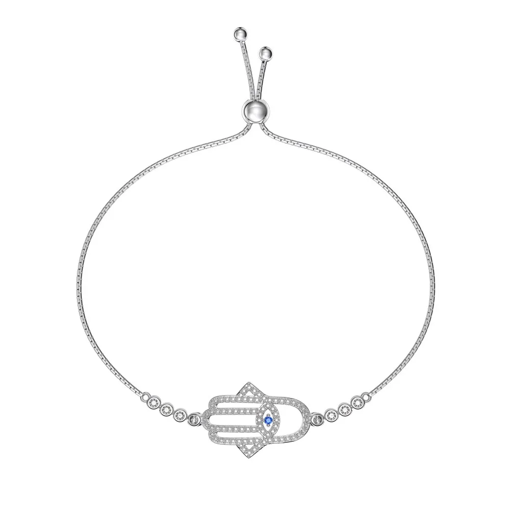 925 Sterling Silver Zircoia Hamsa Evil Eye Protection Bracelet 100100217