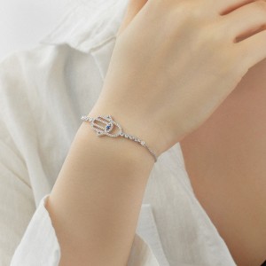 925 Sterling Silver Zircoia Hamsa Evil Eye Protection Bracelet 100100217