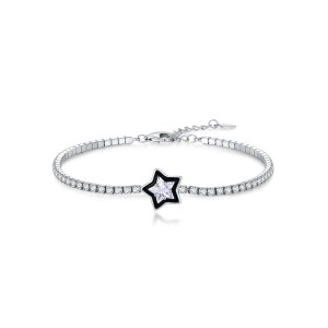 925 Sterling Silver Black Enamel Star CZ Slider Tennis Bracelet 100100234