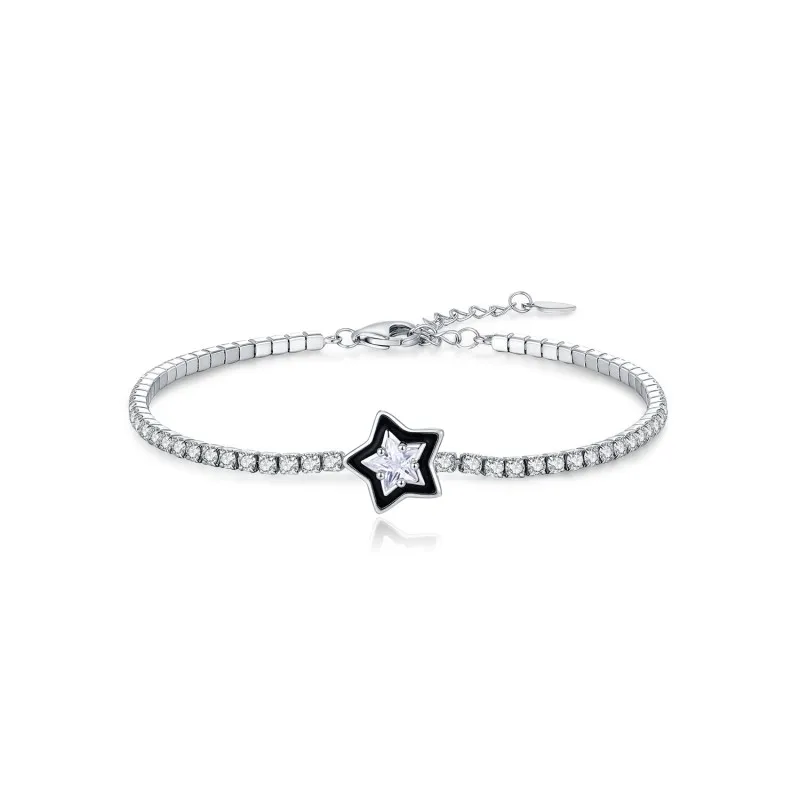 925 Sterling Silver Black Enamel Star CZ Slider Tennis Bracelet 100100234