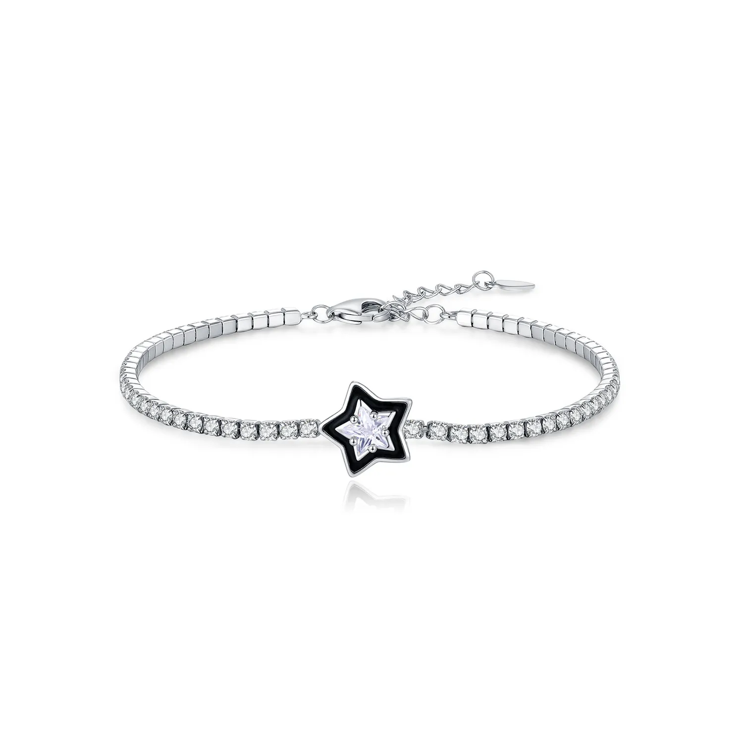 925 Sterling Silver Black Enamel Star CZ Slider Tennis Bracelet 100100234
