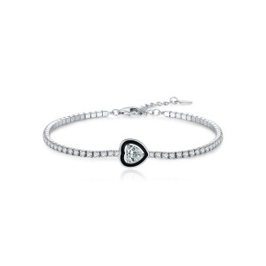 925 Sterling Silver Black Enamel Heart CZ Slider Tennis Bracelet 100100235