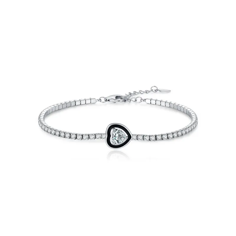 925 Sterling Silver Black Enamel Heart CZ Slider Tennis Bracelet 100100235