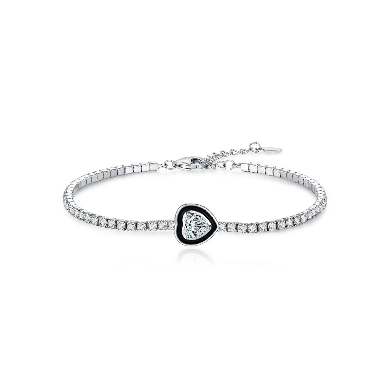 925 Sterling Silver Black Enamel Heart CZ Slider Tennis Bracelet 100100235