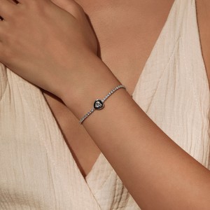 925 Sterling Silver Black Enamel Heart CZ Slider Tennis Bracelet 100100235