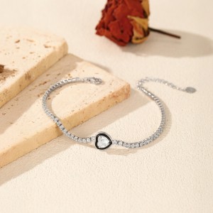925 Sterling Silver Black Enamel Heart CZ Slider Tennis Bracelet 100100235