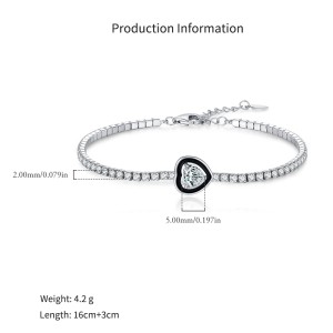 925 Sterling Silver Black Enamel Heart CZ Slider Tennis Bracelet 100100235