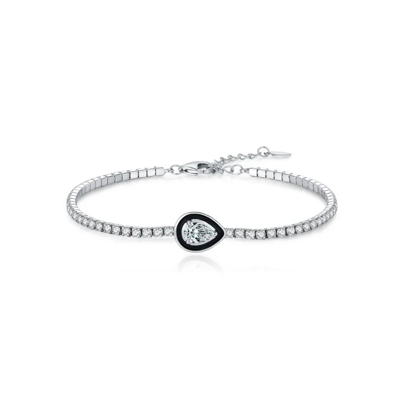 925 Sterling Silver Black Enamel Pear Shape CZ Slider Tennis Bracelet 100100236