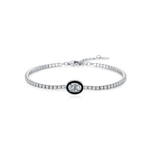 925 Sterling Silver Black Enamel Oval CZ Slider Tennis Bracelet 100100237