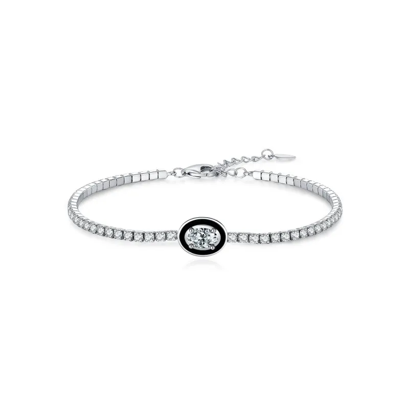 925 Sterling Silver Black Enamel Oval CZ Slider Tennis Bracelet 100100237