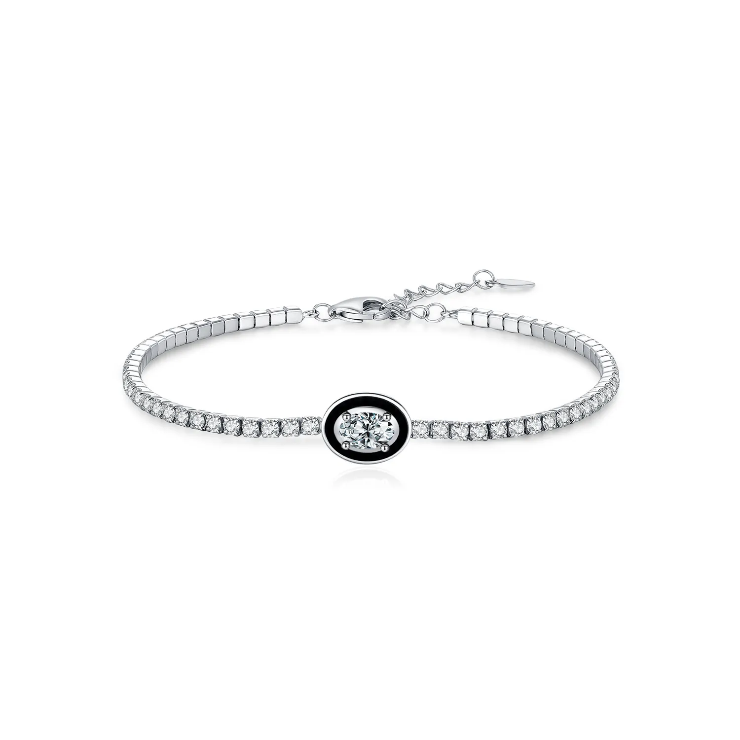 925 Sterling Silver Black Enamel Oval CZ Slider Tennis Bracelet 100100237