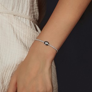 925 Sterling Silver Black Enamel Oval CZ Slider Tennis Bracelet 100100237