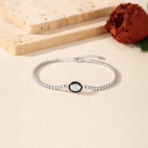 925 Sterling Silver Black Enamel Oval CZ Slider Tennis Bracelet 100100237