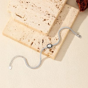 925 Sterling Silver Black Enamel Oval CZ Slider Tennis Bracelet 100100237