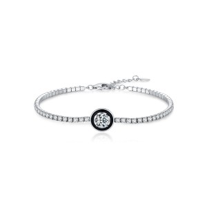 925 Sterling Silver Black Enamel Round CZ Slider Tennis Bracelet 100100238