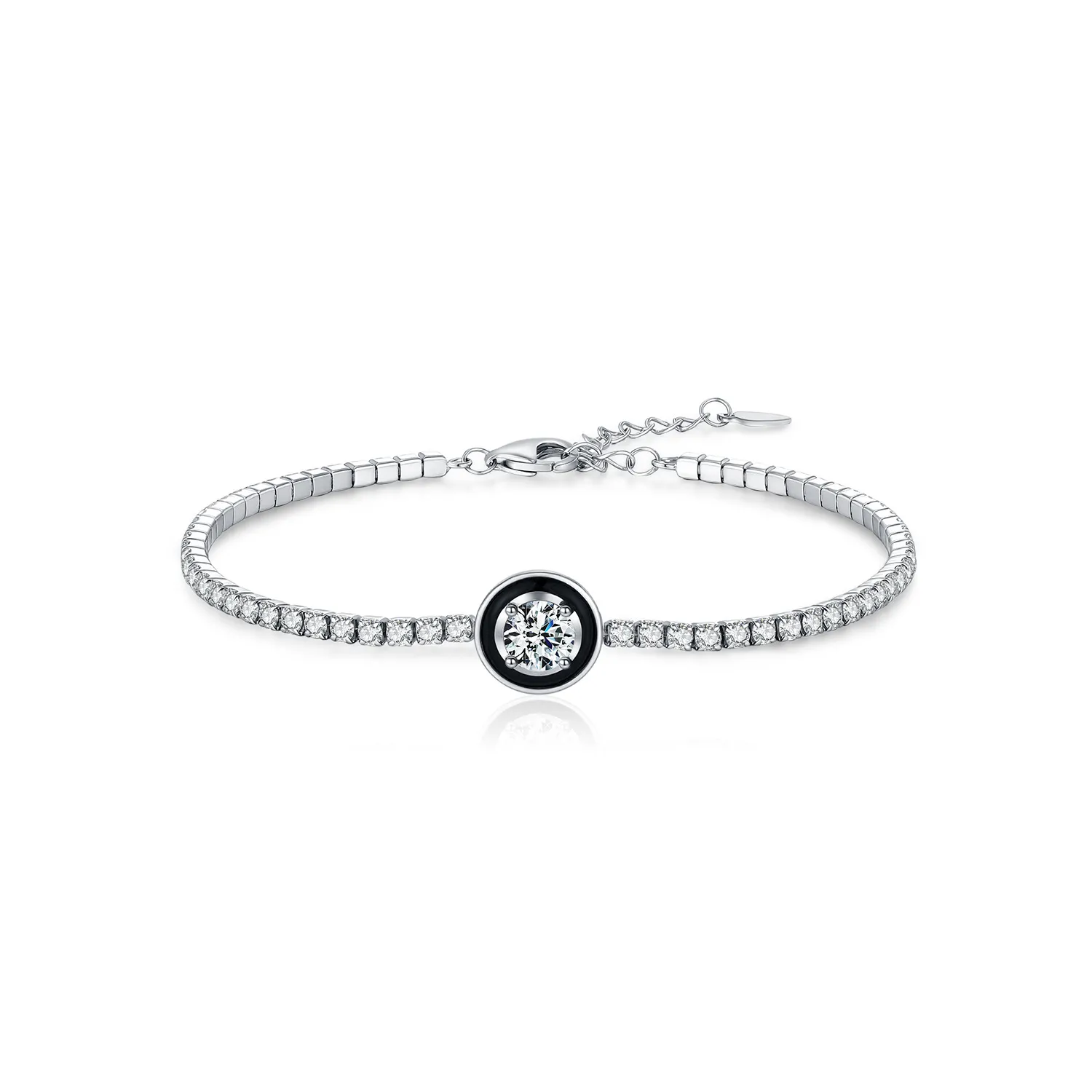 925 Sterling Silver Black Enamel Round CZ Slider Tennis Bracelet 100100238