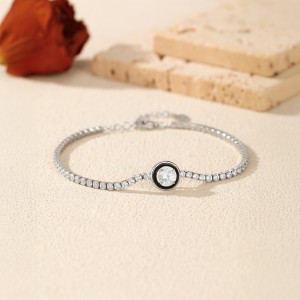 925 Sterling Silver Black Enamel Round CZ Slider Tennis Bracelet 100100238