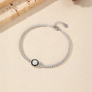 925 Sterling Silver Black Enamel Round CZ Slider Tennis Bracelet 100100238