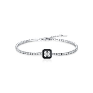 925 Sterling Silver Black Enamel Square CZ Slider Tennis Bracelet 100100239