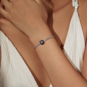 925 Sterling Silver Black Enamel Square CZ Slider Tennis Bracelet 100100239