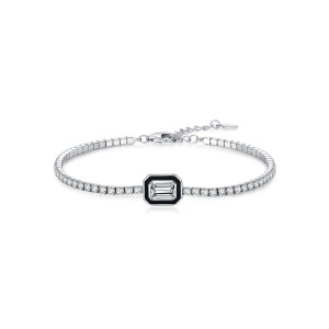 925 Sterling Silver Black Enamel Rectangle CZ Slider Tennis Bracelet 100100240