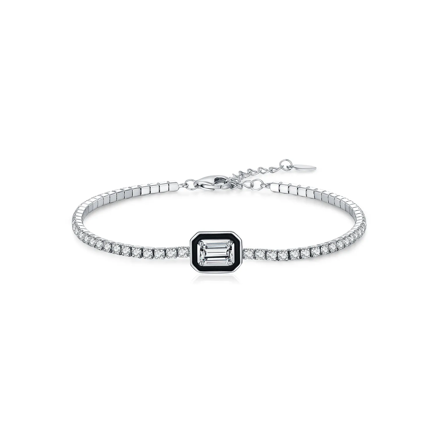 925 Sterling Silver Black Enamel Rectangle CZ Slider Tennis Bracelet 100100240