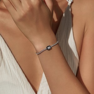 925 Sterling Silver Black Enamel Rectangle CZ Slider Tennis Bracelet 100100240